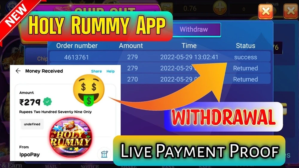 Holy Rummy withdrawal and payment screen